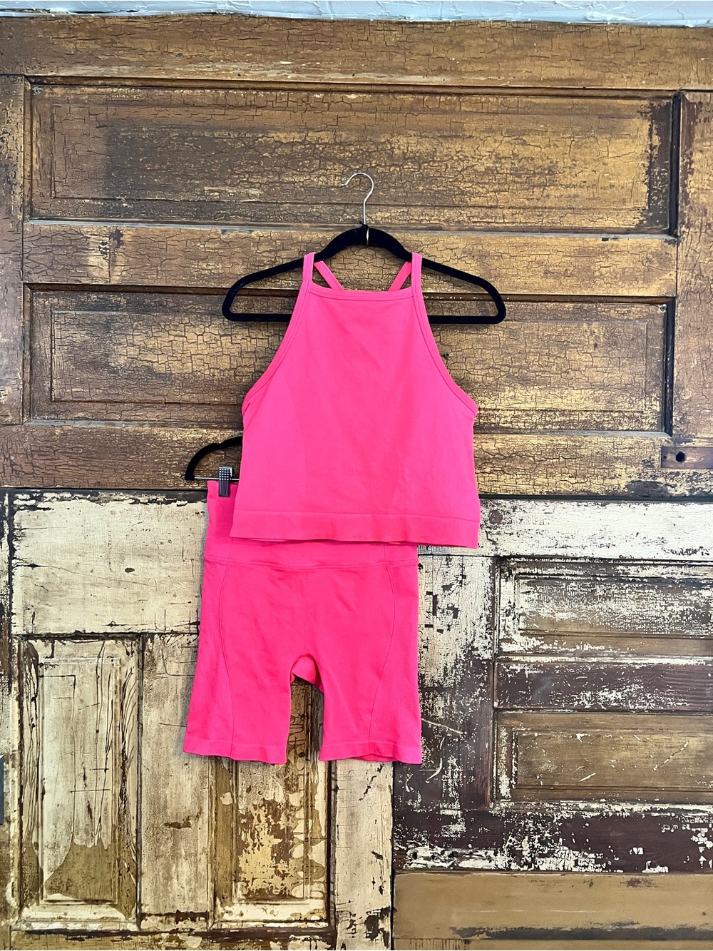 JoyLab Neon Pink Ribbed Athletic Set | Tank & Biker Shorts | Size L - Picture 2 of 5